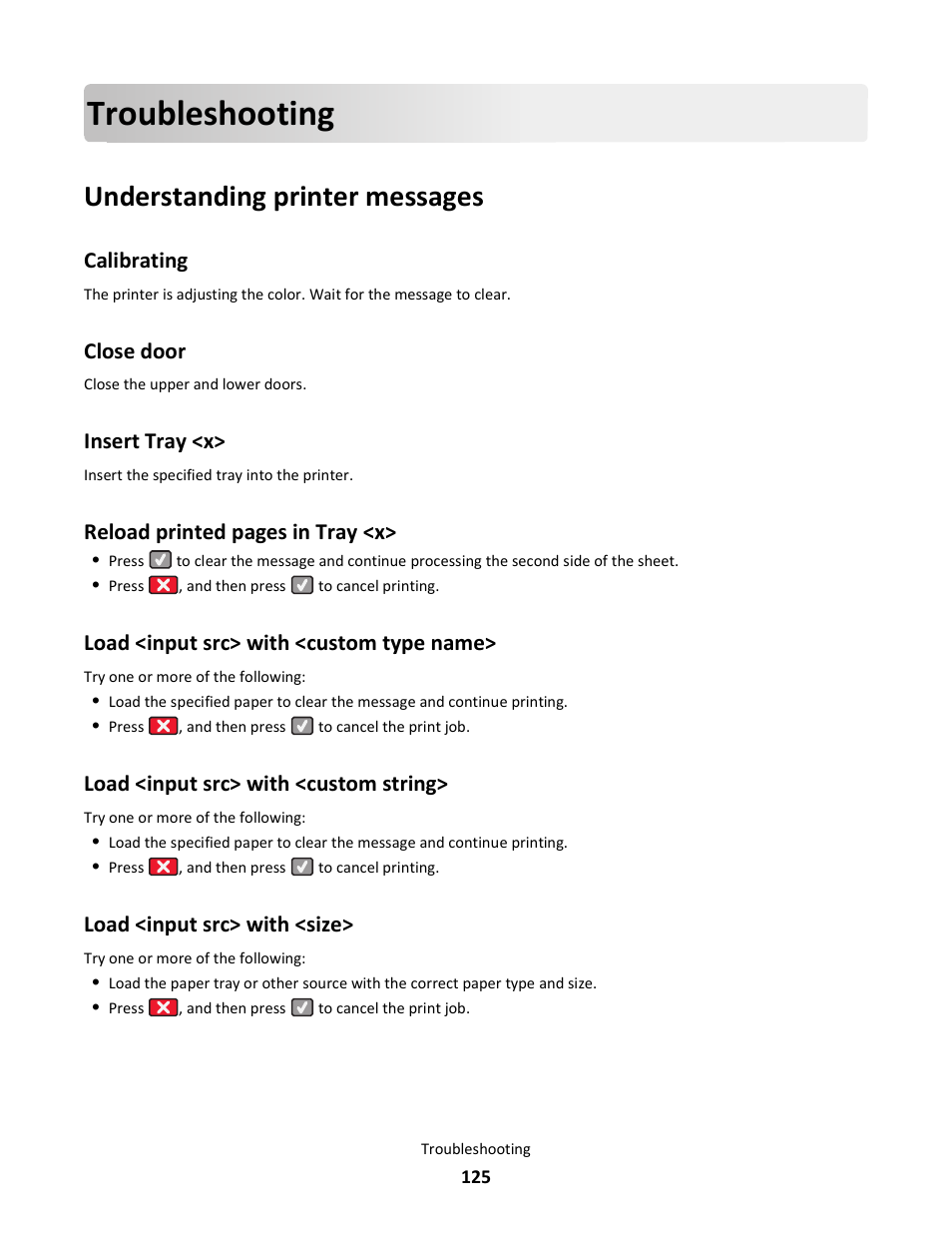 Troubleshooting, Understanding printer messages, Calibrating | Close door, Insert tray <x, Load <input src> with <custom type name, Load <input src> with <custom string, Load <input src> with <size, Reload printed pages in tray <x | Lexmark 5025 User Manual | Page 125 / 171