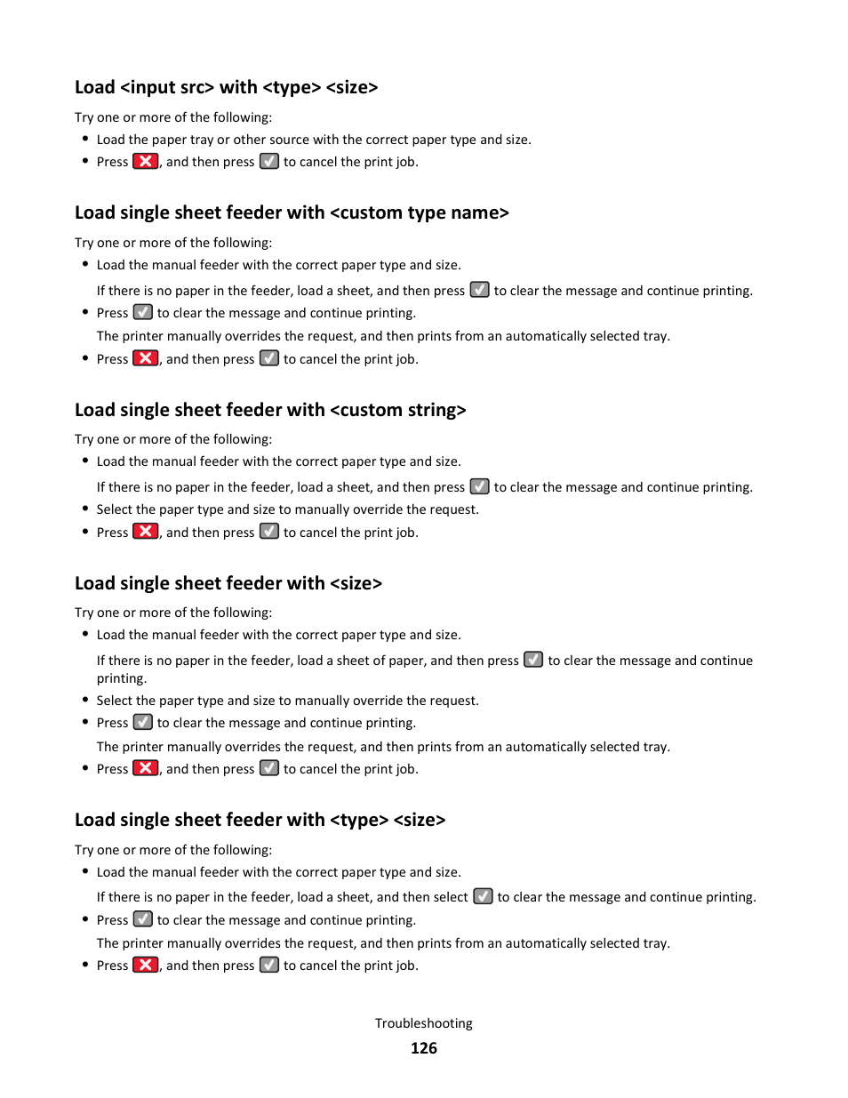 Load <input src> with <type> <size, Load single sheet feeder with <custom type name, Load single sheet feeder with <custom string | Load single sheet feeder with <size, Load single sheet feeder with <type> <size | Lexmark 5025 User Manual | Page 126 / 171