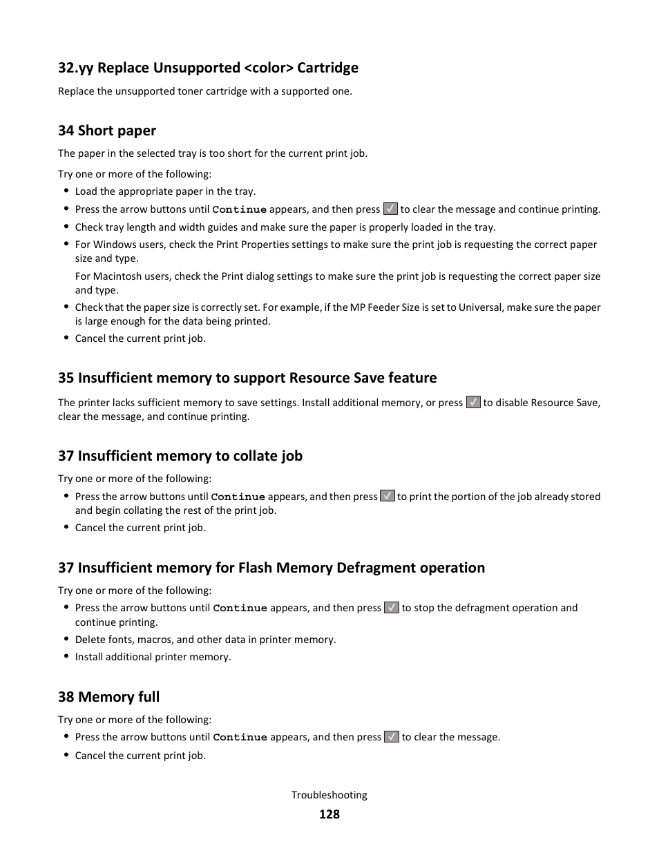 Yy replace unsupported <color> cartridge, 34 short paper, 37 insufficient memory to collate job | 38 memory full | Lexmark 5025 User Manual | Page 128 / 171