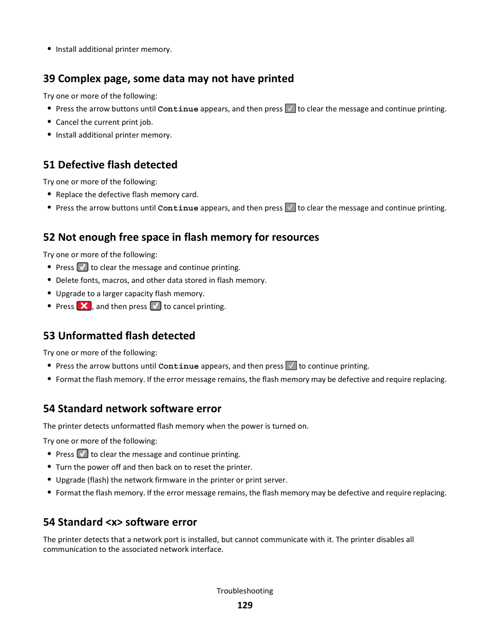 51 defective flash detected, 53 unformatted flash detected, 54 standard network software error | 54 standard <x> software error, 39 complex page, some data may not have printed | Lexmark 5025 User Manual | Page 129 / 171