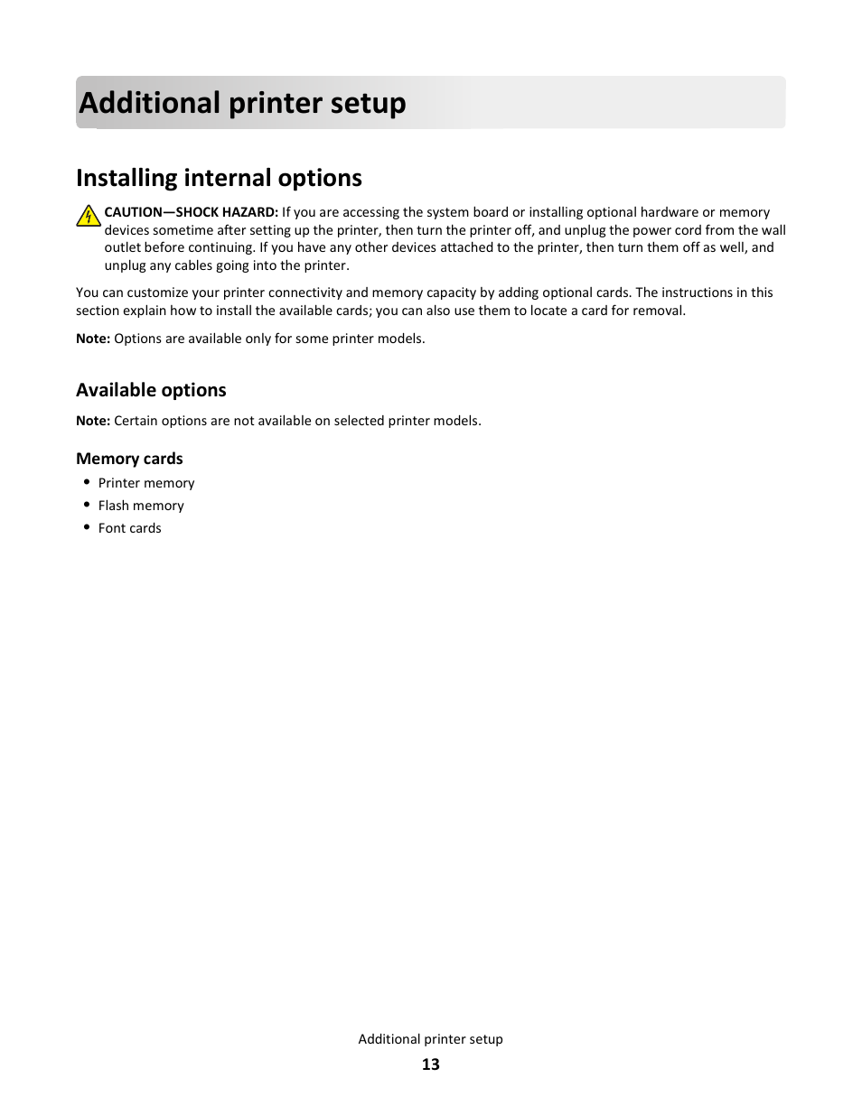 Additional printer setup, Installing internal options, Available options | Lexmark 5025 User Manual | Page 13 / 171