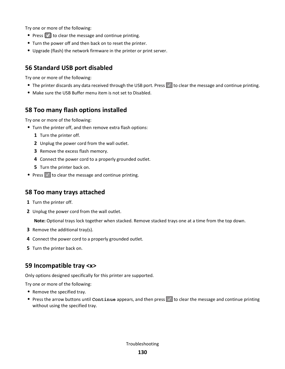 56 standard usb port disabled, 58 too many flash options installed, 58 too many trays attached | 59 incompatible tray <x | Lexmark 5025 User Manual | Page 130 / 171