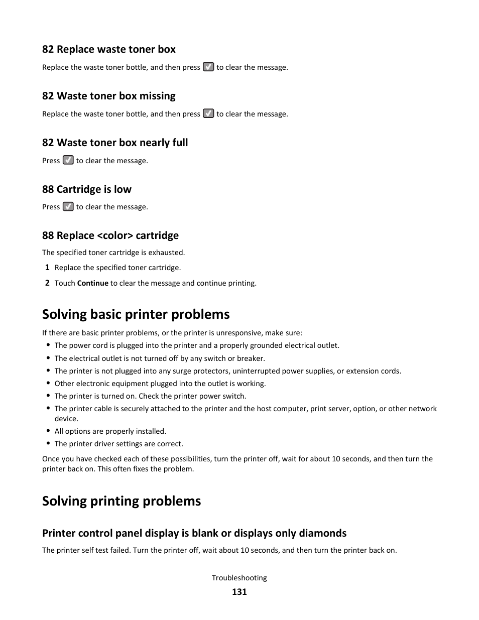 82 replace waste toner box, 82 waste toner box missing, 82 waste toner box nearly full | 88 cartridge is low, 88 replace <color> cartridge, Solving basic printer problems, Solving printing problems | Lexmark 5025 User Manual | Page 131 / 171