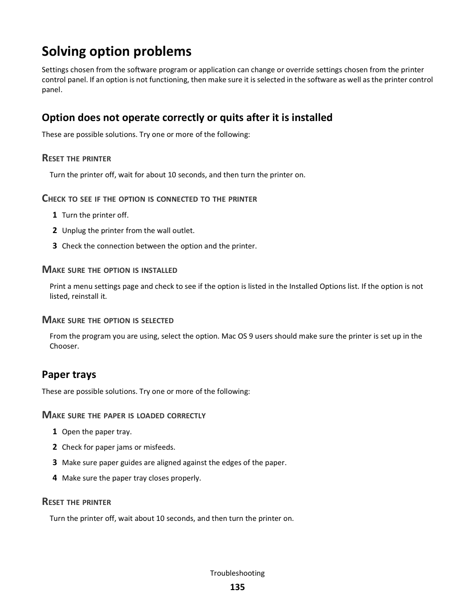 Solving option problems, Reset the printer, Make sure the option is installed | Make sure the option is selected, Paper trays, Make sure the paper is loaded correctly | Lexmark 5025 User Manual | Page 135 / 171