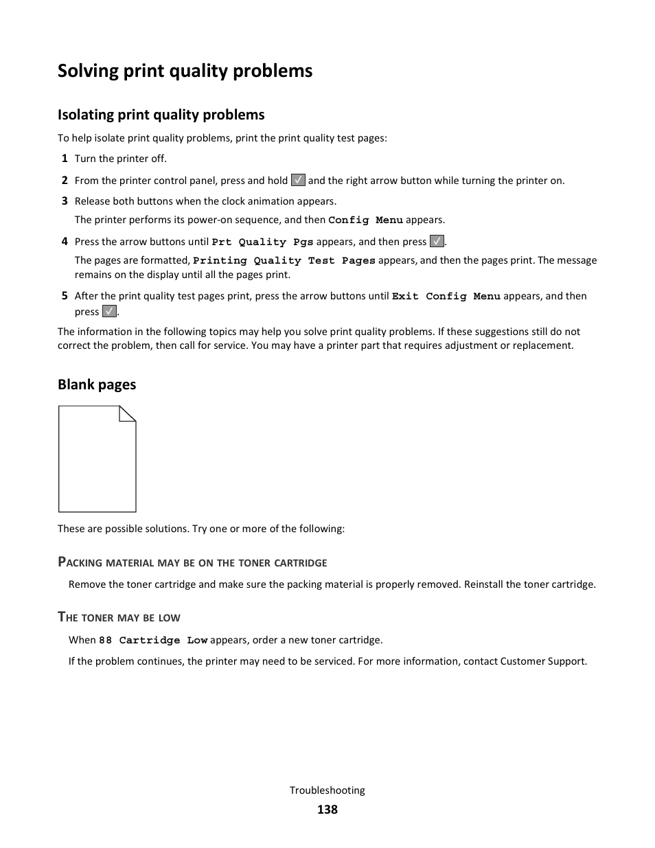 Solving print quality problems, Isolating print quality problems, Packing material may be on the toner cartridge | The toner may be low, Blank pages | Lexmark 5025 User Manual | Page 138 / 171