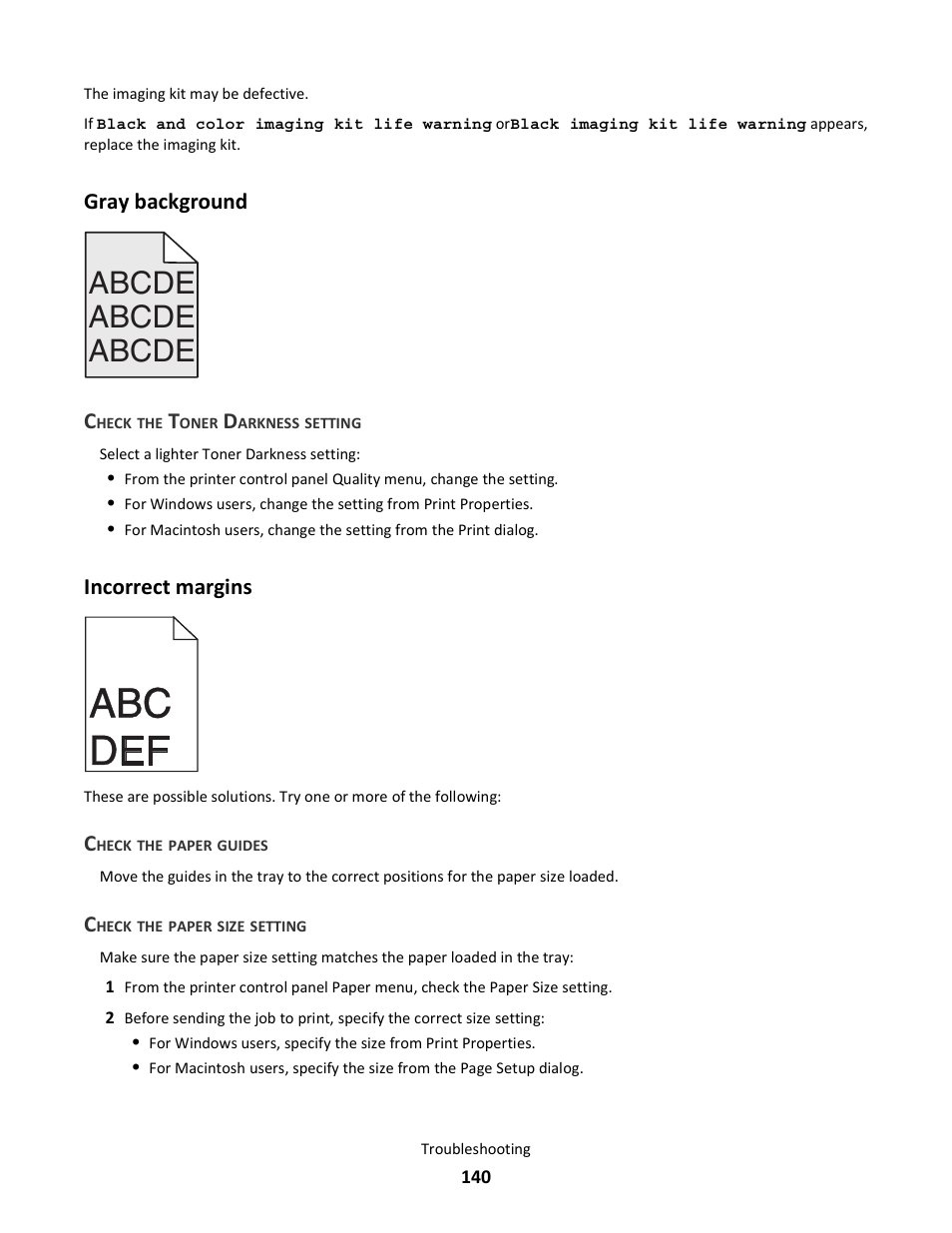 Gray background, Check the toner darkness setting, Incorrect margins | Check the paper guides, Check the paper size setting, Abcde | Lexmark 5025 User Manual | Page 140 / 171