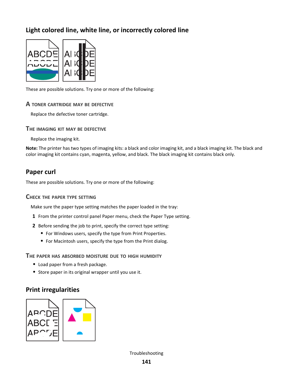 A toner cartridge may be defective, The imaging kit may be defective, Paper curl | Check the paper type setting, Print irregularities | Lexmark 5025 User Manual | Page 141 / 171