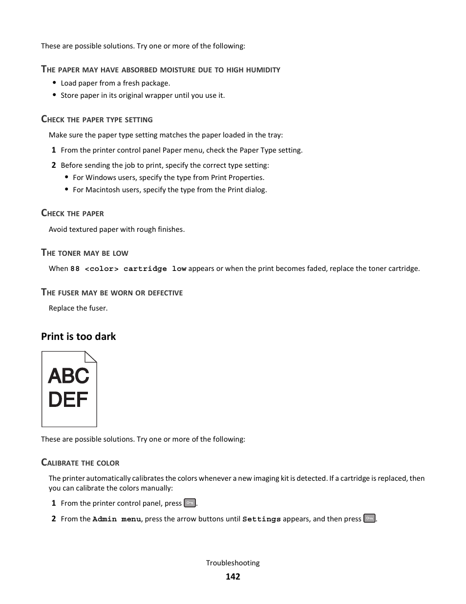 Check the paper type setting, Check the paper, The toner may be low | The fuser may be worn or defective, Print is too dark, Calibrate the color | Lexmark 5025 User Manual | Page 142 / 171