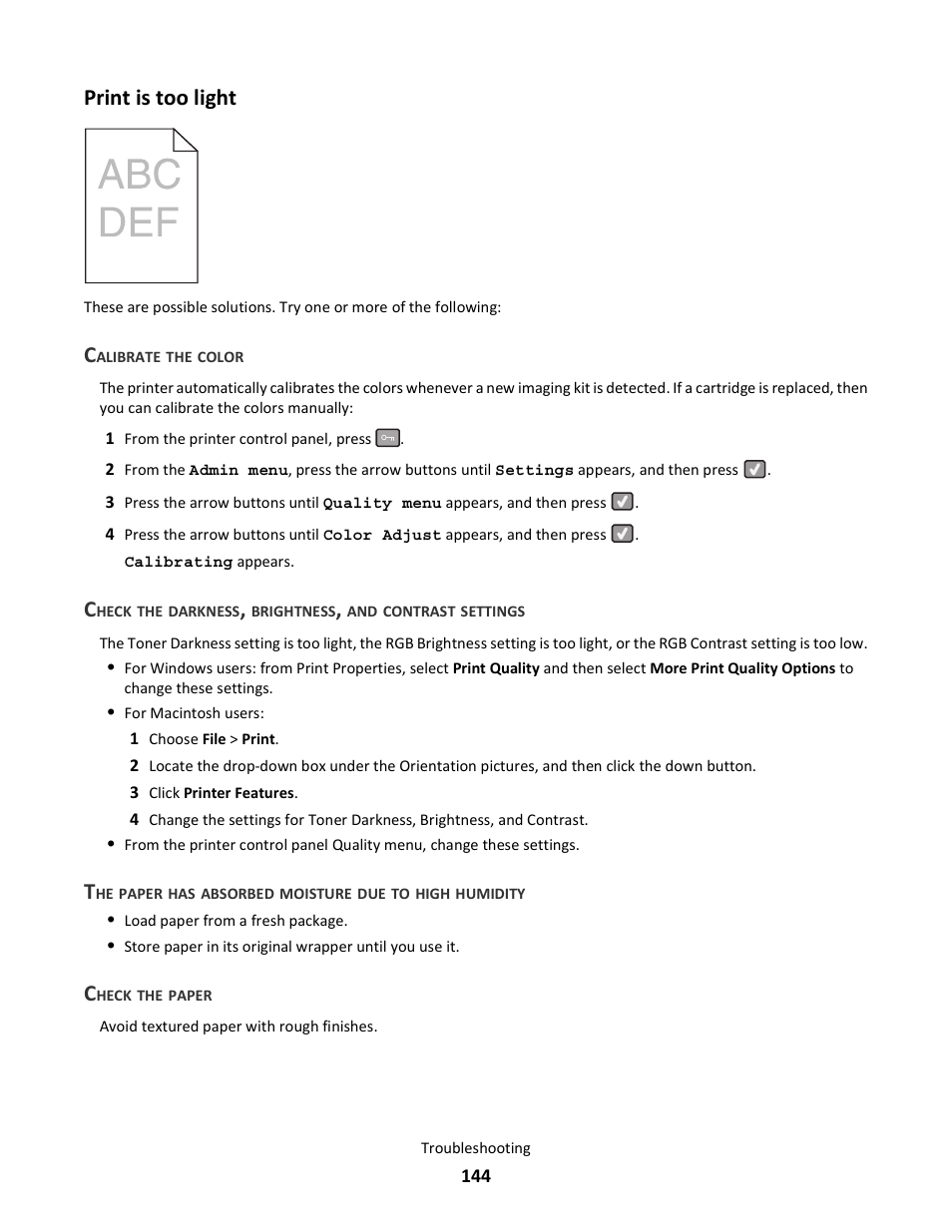 Print is too light, Calibrate the color, Check the paper | Lexmark 5025 User Manual | Page 144 / 171