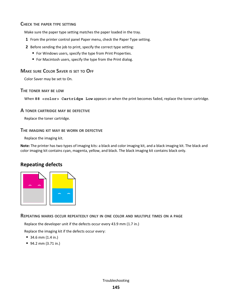 Check the paper type setting, Make sure color saver is set to off, The toner may be low | A toner cartridge may be defective, The imaging kit may be worn or defective, Repeating defects | Lexmark 5025 User Manual | Page 145 / 171