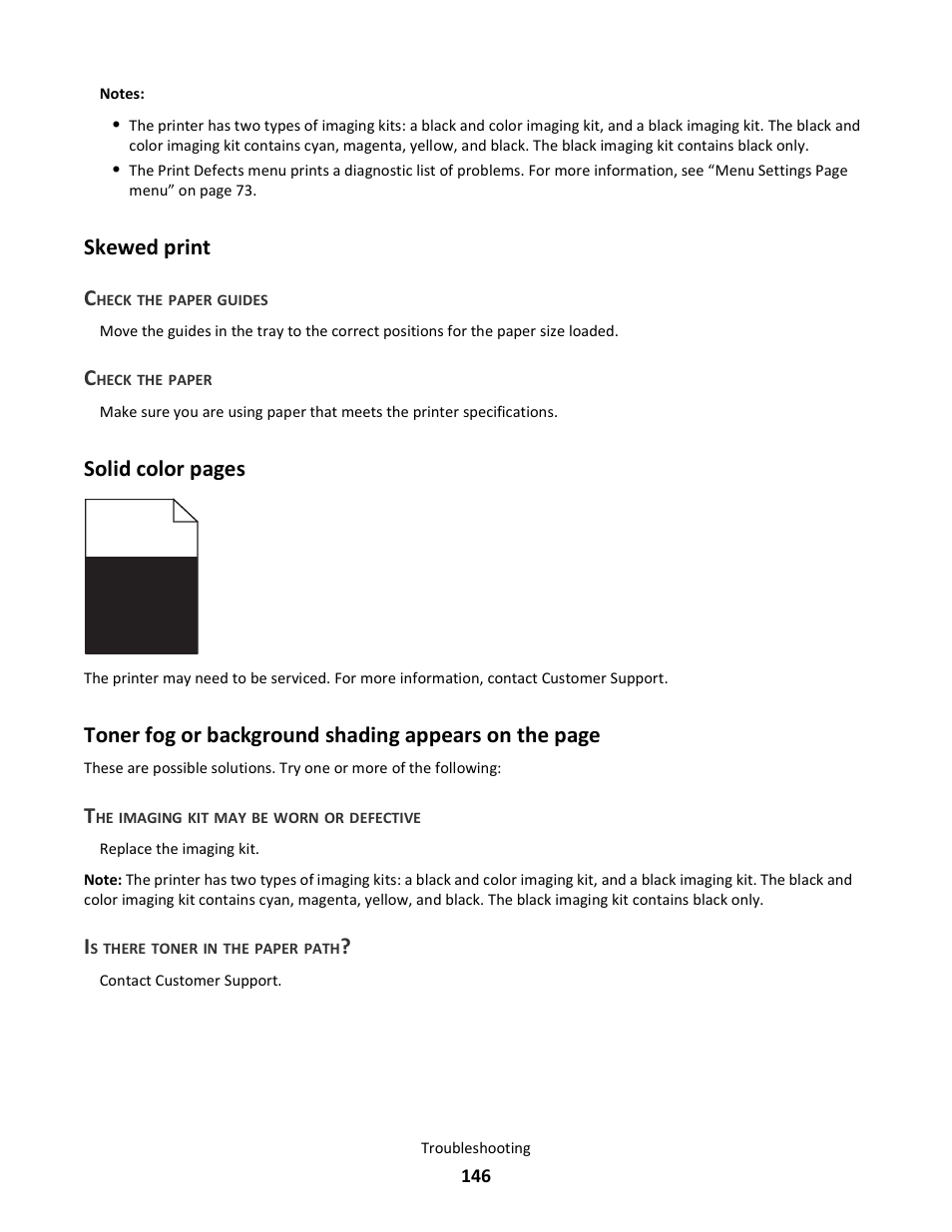 Skewed print, Check the paper guides, Check the paper | The imaging kit may be worn or defective, Is there toner in the paper path, Skewed print c, Solid color pages | Lexmark 5025 User Manual | Page 146 / 171