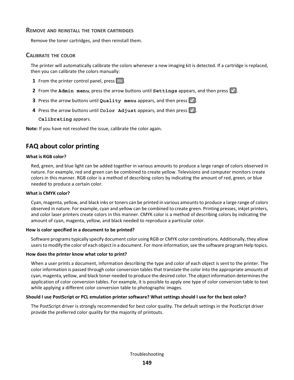 Remove and reinstall the toner cartridges, Calibrate the color, Faq about color printing | Lexmark 5025 User Manual | Page 149 / 171