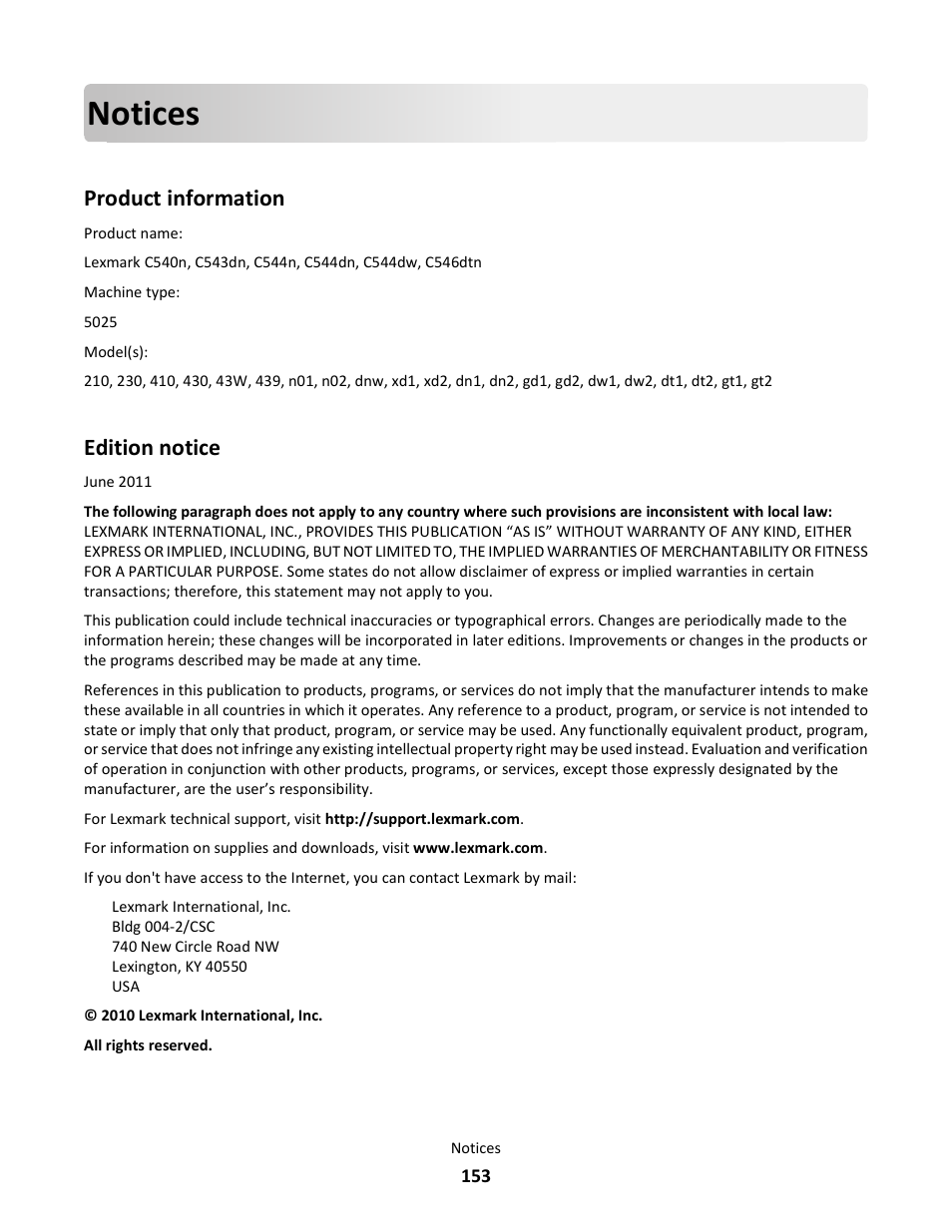 Notices, Product information, Edition notice | Lexmark 5025 User Manual | Page 153 / 171