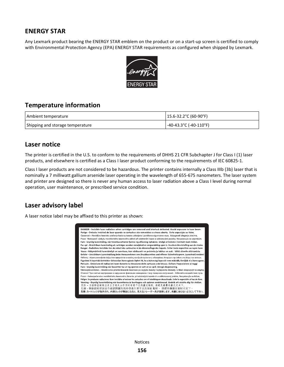 Energy star, Temperature information, Laser notice | Laser advisory label | Lexmark 5025 User Manual | Page 156 / 171