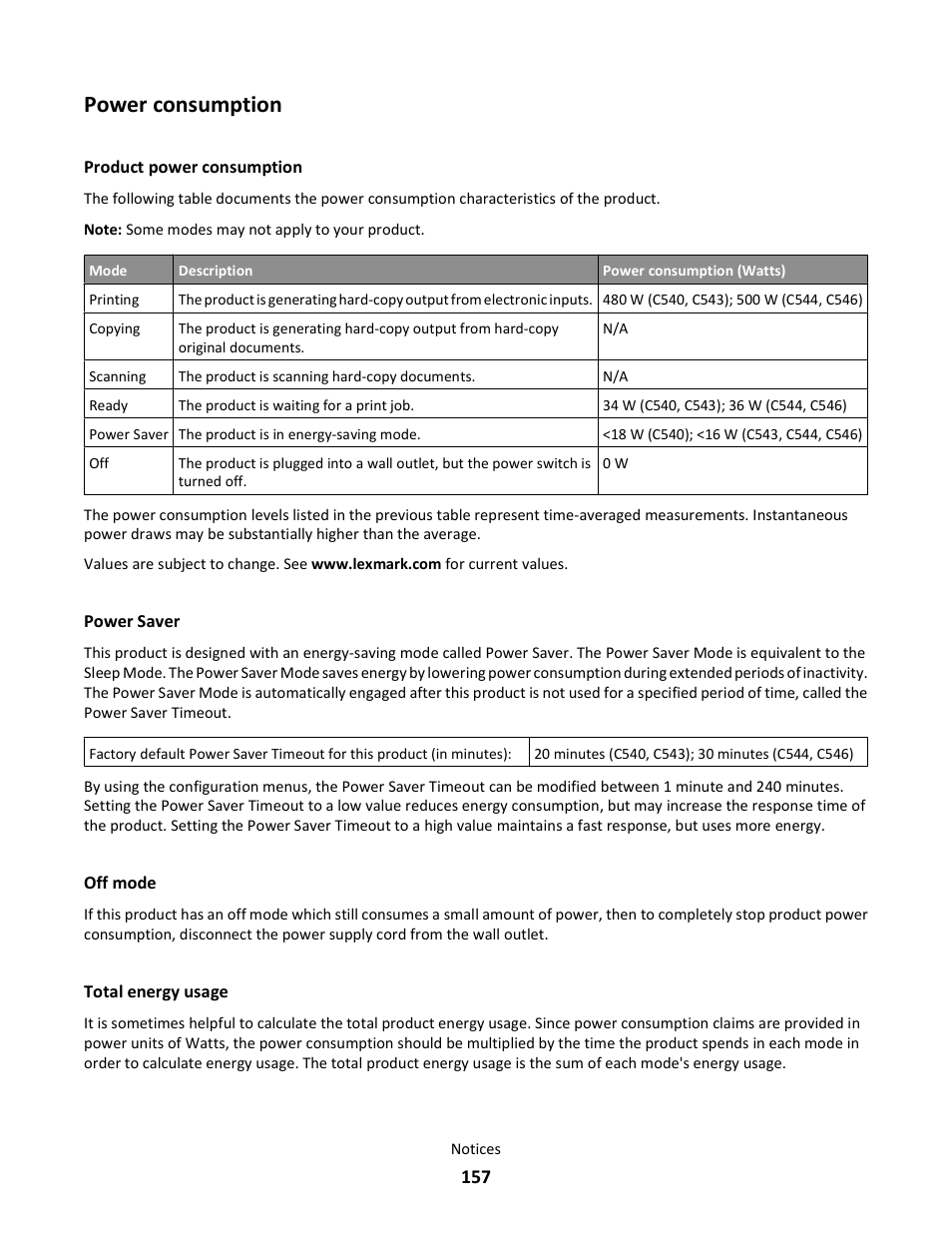 Power consumption, Product power consumption, Power saver | Off mode, Total energy usage | Lexmark 5025 User Manual | Page 157 / 171