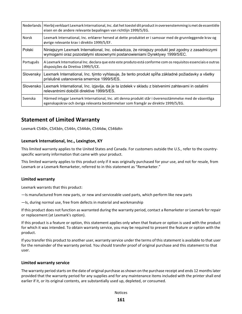 Statement of limited warranty | Lexmark 5025 User Manual | Page 161 / 171