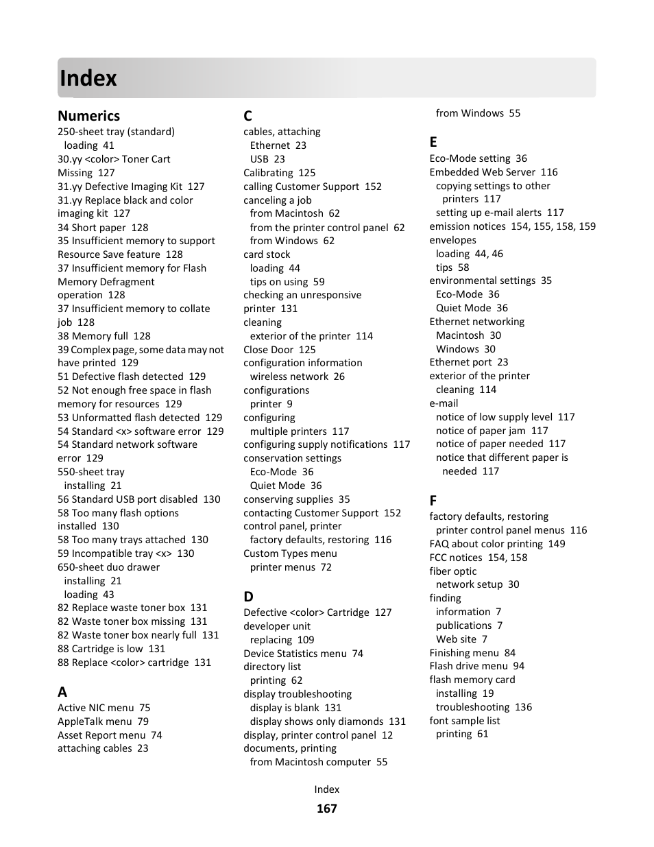 Index, Numerics | Lexmark 5025 User Manual | Page 167 / 171