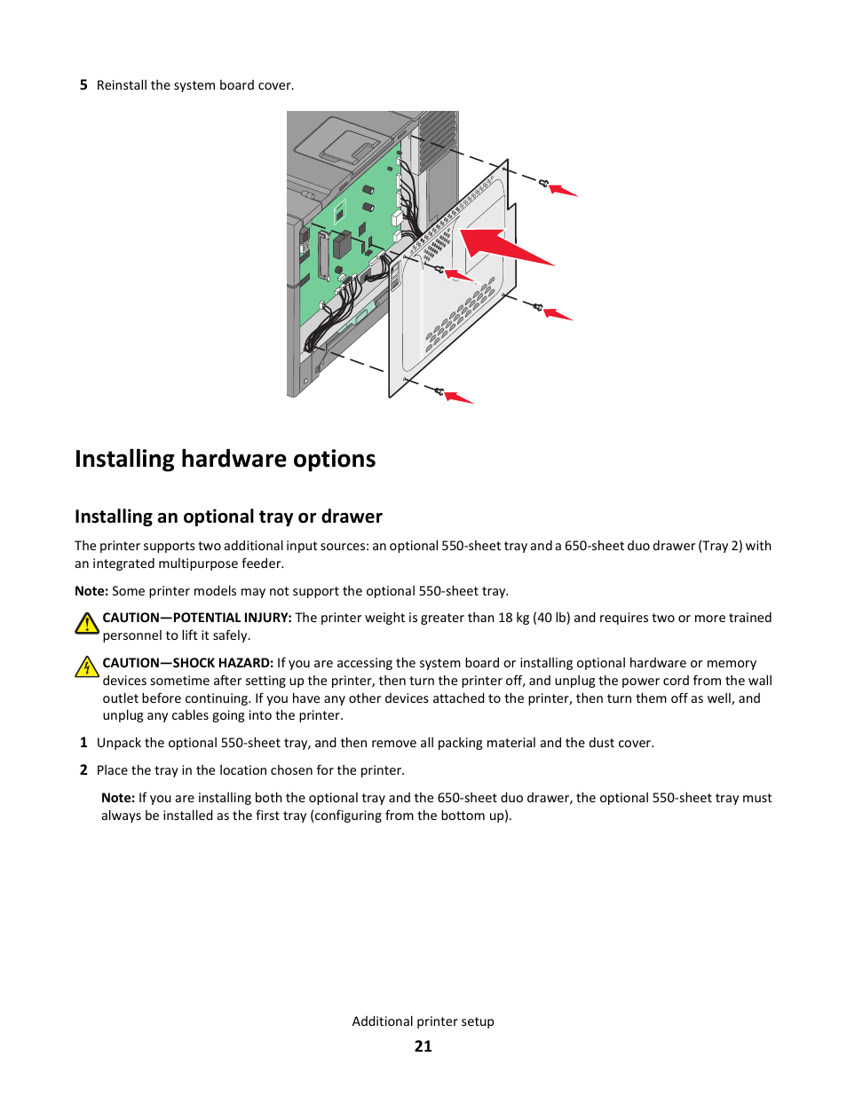 Installing hardware options, Installing an optional tray or drawer | Lexmark 5025 User Manual | Page 21 / 171
