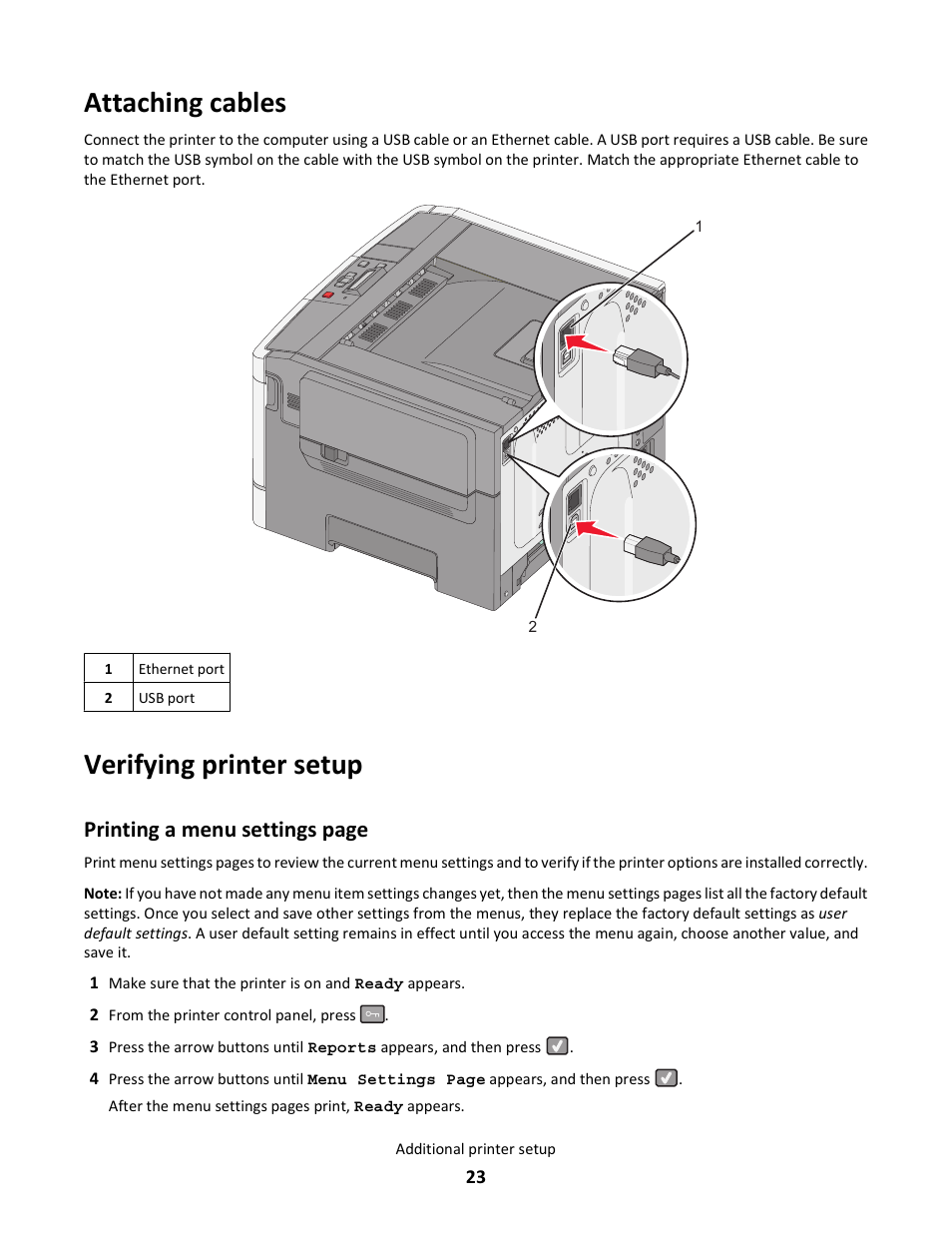 Attaching cables, Verifying printer setup, Printing a menu settings page | Lexmark 5025 User Manual | Page 23 / 171