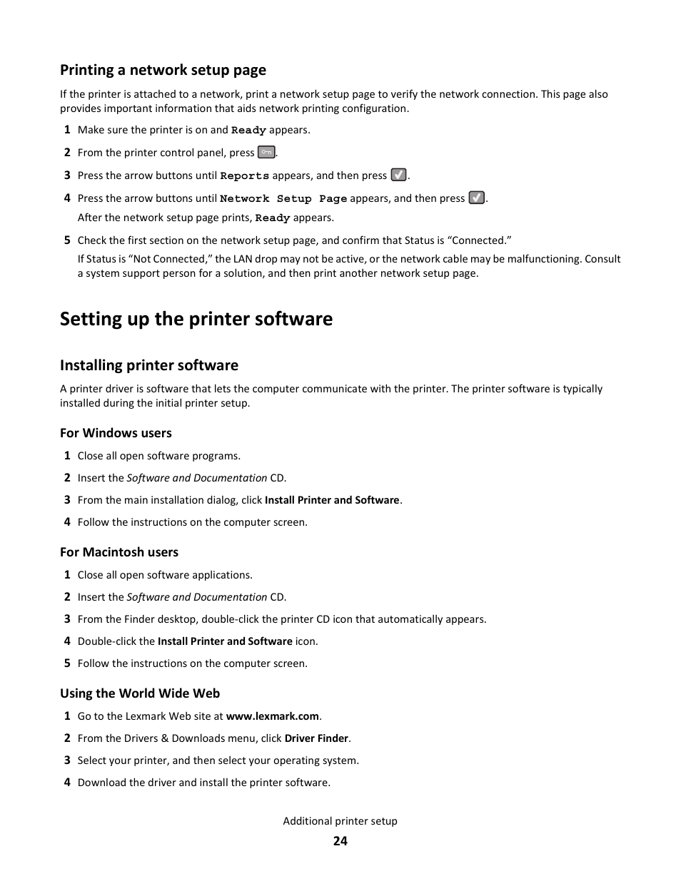 Setting up the printer software, Installing printer software, Printing a network setup page | Lexmark 5025 User Manual | Page 24 / 171