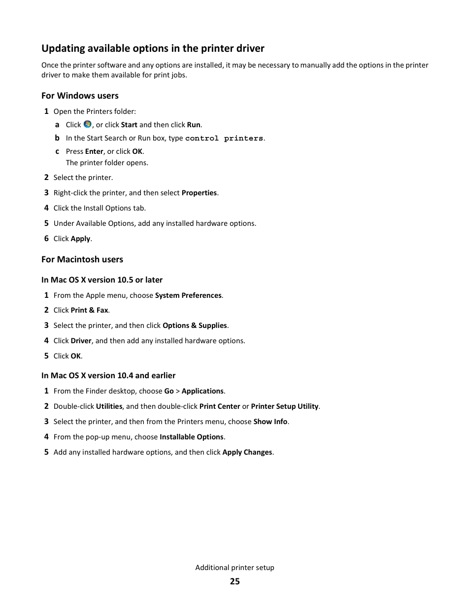Updating available options in the printer driver | Lexmark 5025 User Manual | Page 25 / 171