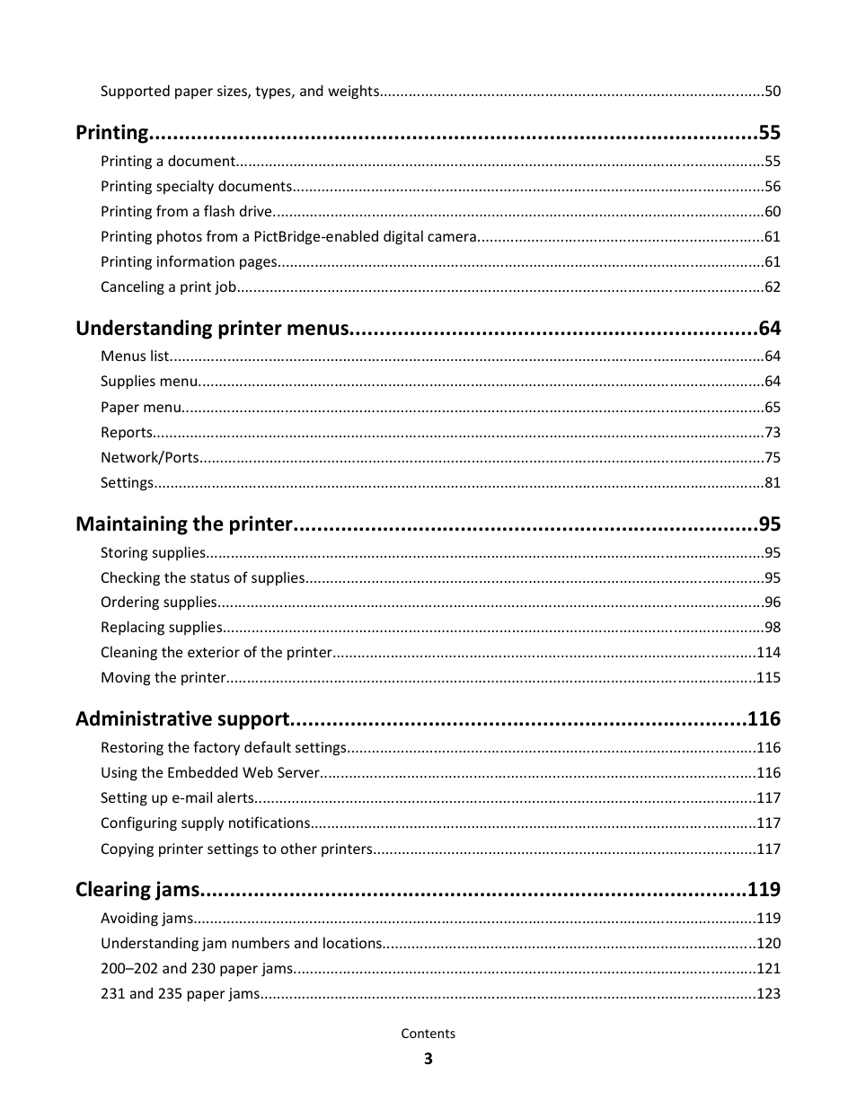Printing, Understanding printer menus, Maintaining the printer | Administrative support, Clearing jams | Lexmark 5025 User Manual | Page 3 / 171