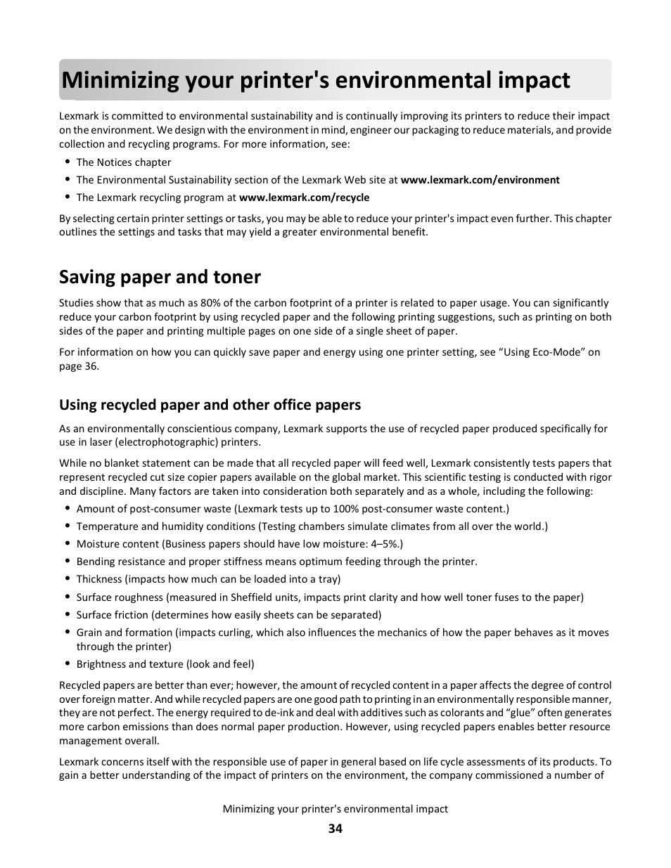Minimizing your printer's environmental impact, Saving paper and toner, Using recycled paper and other office papers | Lexmark 5025 User Manual | Page 34 / 171
