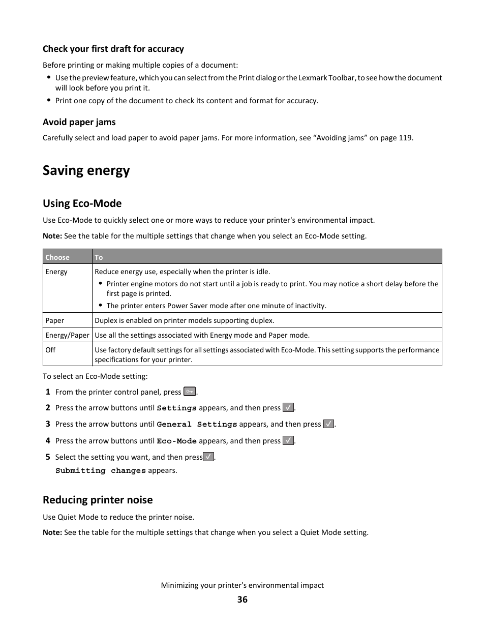 Saving energy, Using eco-mode, Reducing printer noise | Lexmark 5025 User Manual | Page 36 / 171