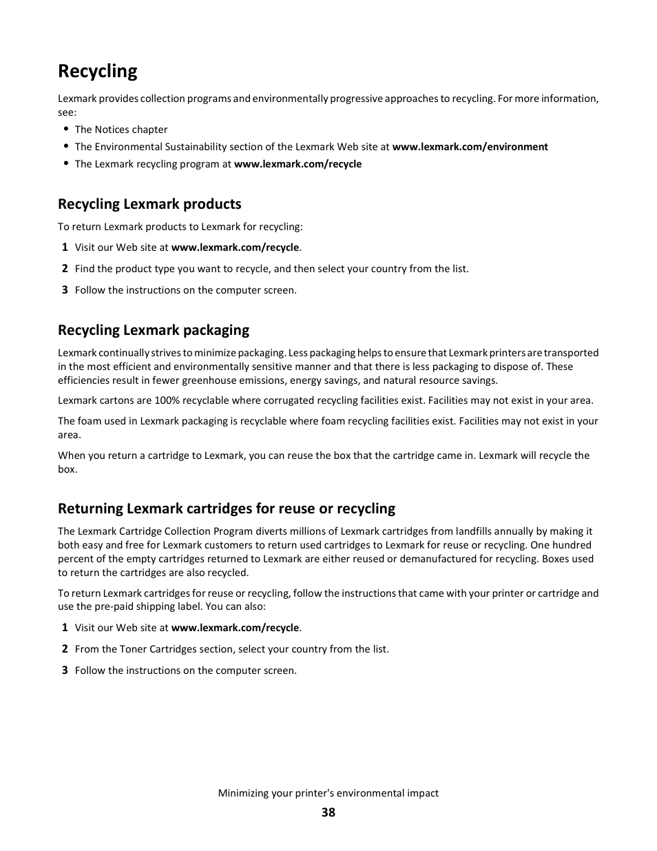 Recycling, Recycling lexmark products, Recycling lexmark packaging | Lexmark 5025 User Manual | Page 38 / 171