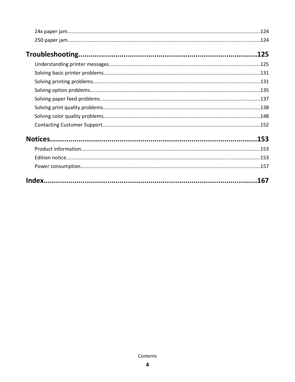 Troubleshooting, Notices, Index | Lexmark 5025 User Manual | Page 4 / 171