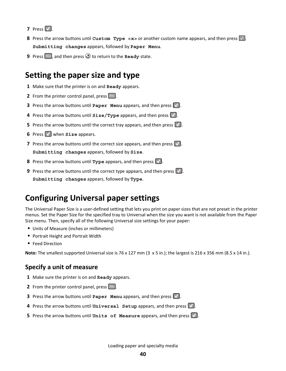 Setting the paper size and type, Configuring universal paper settings, Specify a unit of measure | Lexmark 5025 User Manual | Page 40 / 171