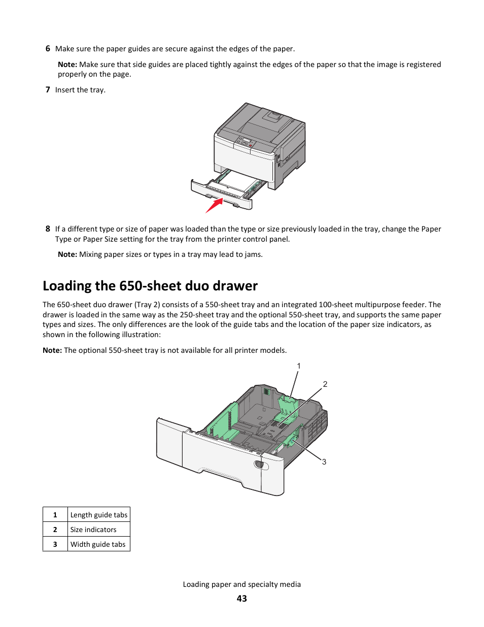 Loading the 650-sheet duo drawer | Lexmark 5025 User Manual | Page 43 / 171