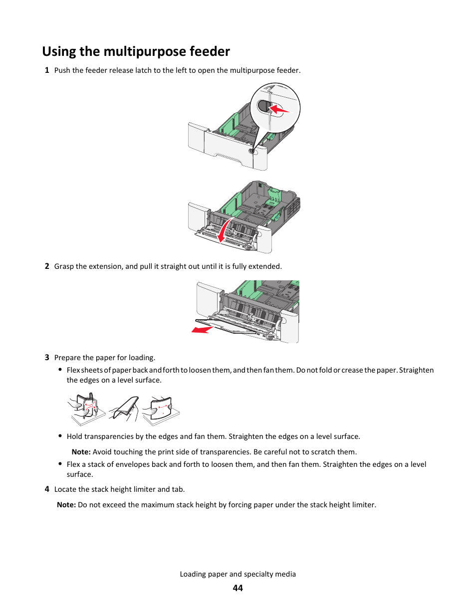 Using the multipurpose feeder | Lexmark 5025 User Manual | Page 44 / 171