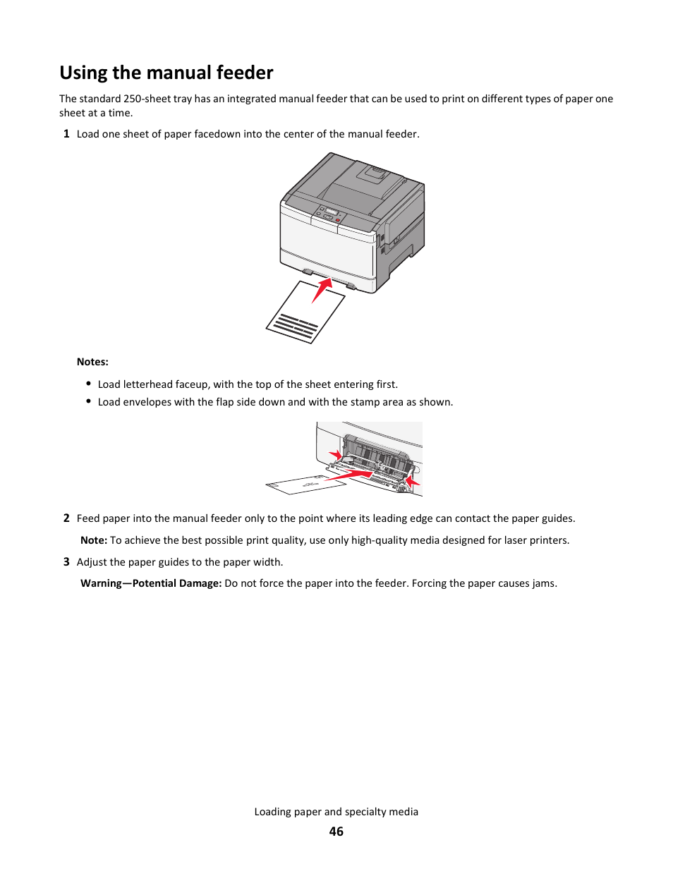 Using the manual feeder | Lexmark 5025 User Manual | Page 46 / 171