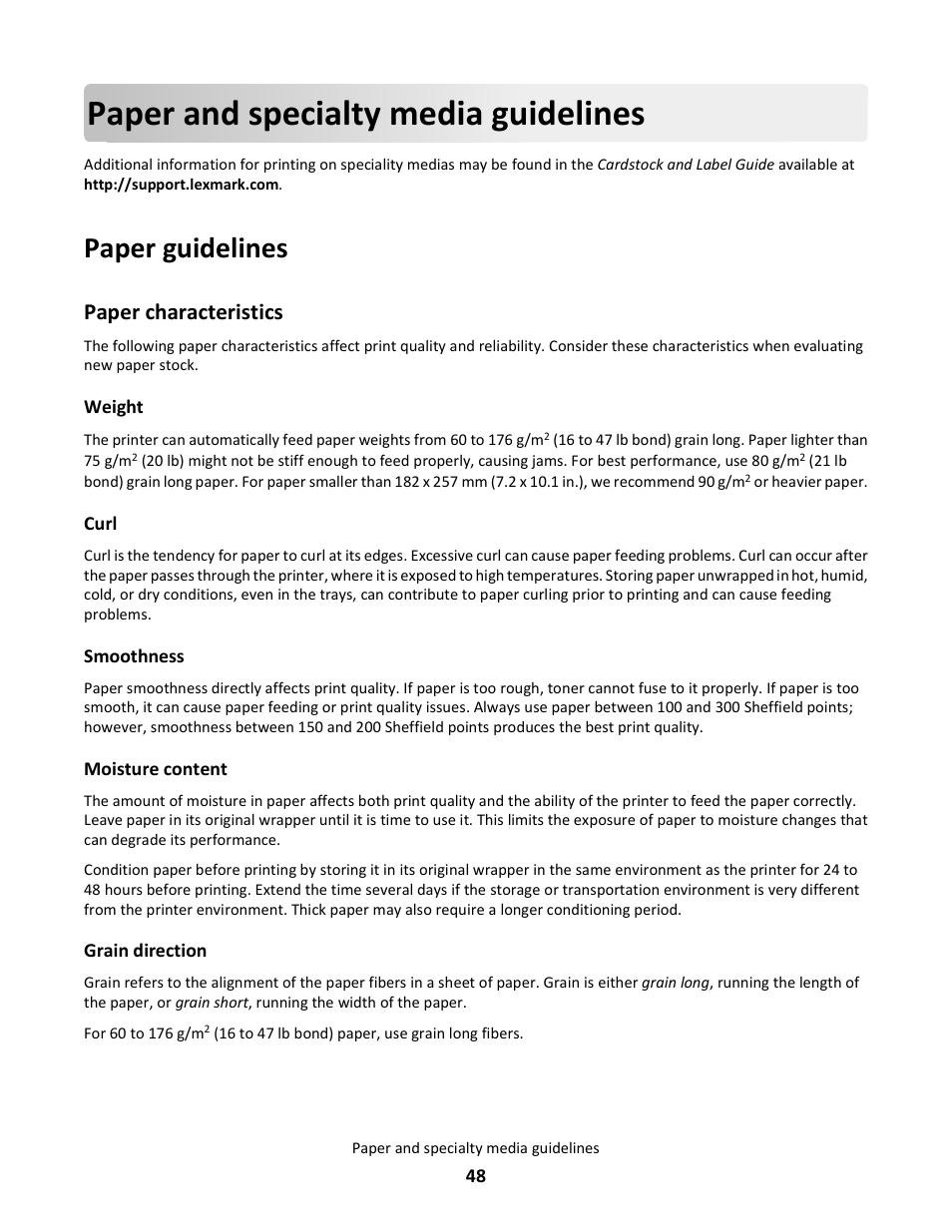 Paper and specialty media guidelines, Paper guidelines, Paper characteristics | Lexmark 5025 User Manual | Page 48 / 171