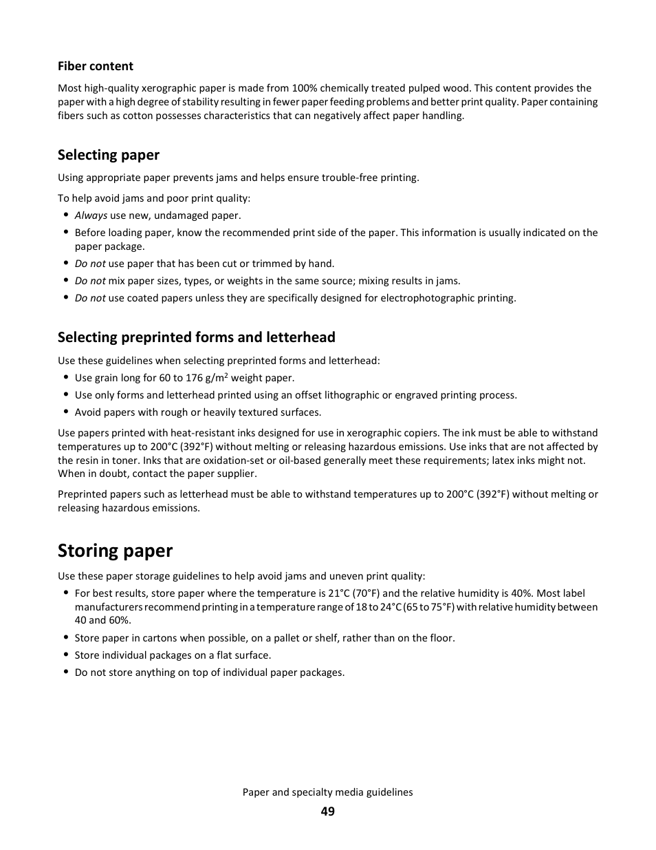Selecting paper, Selecting preprinted forms and letterhead, Storing paper | Lexmark 5025 User Manual | Page 49 / 171