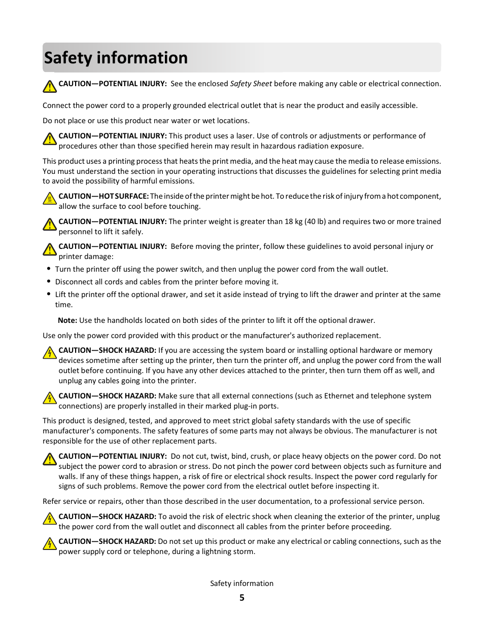 Safety information | Lexmark 5025 User Manual | Page 5 / 171