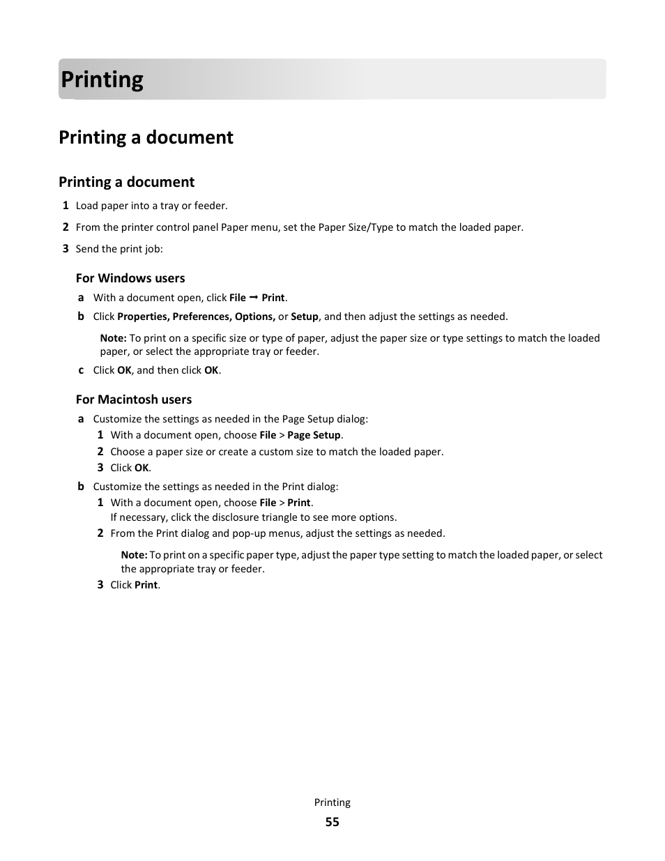 Printing, Printing a document | Lexmark 5025 User Manual | Page 55 / 171