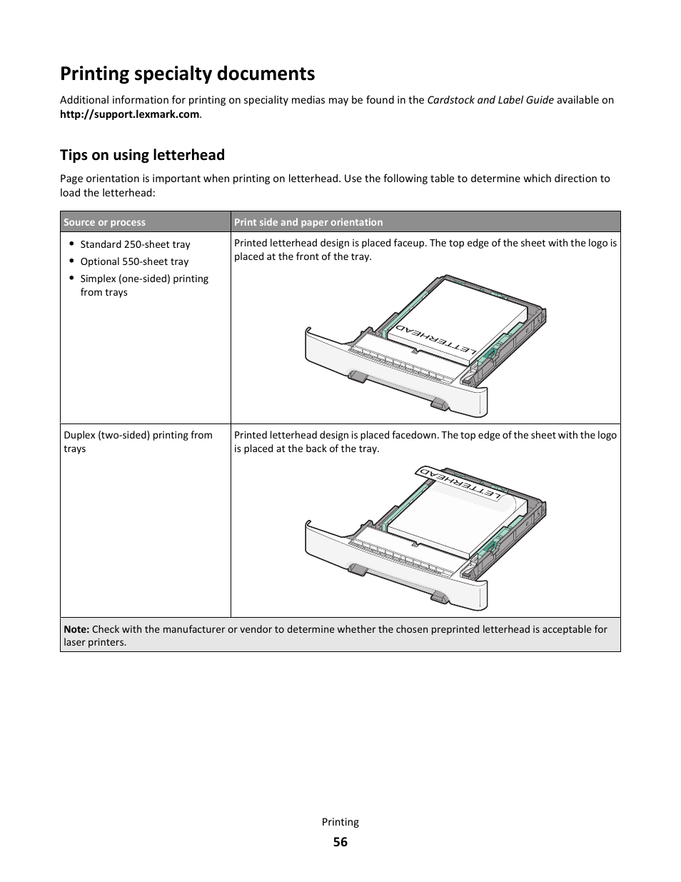 Printing specialty documents, Tips on using letterhead | Lexmark 5025 User Manual | Page 56 / 171