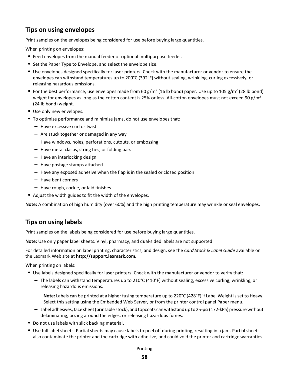 Tips on using envelopes, Tips on using labels | Lexmark 5025 User Manual | Page 58 / 171
