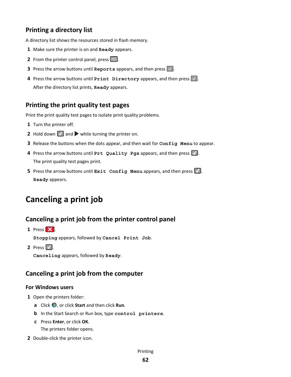 Printing a directory list, Canceling a print job, Canceling a print job from the computer | Printing the print quality test pages | Lexmark 5025 User Manual | Page 62 / 171