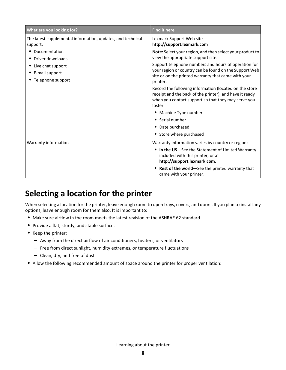 Selecting a location for the printer | Lexmark 5025 User Manual | Page 8 / 171