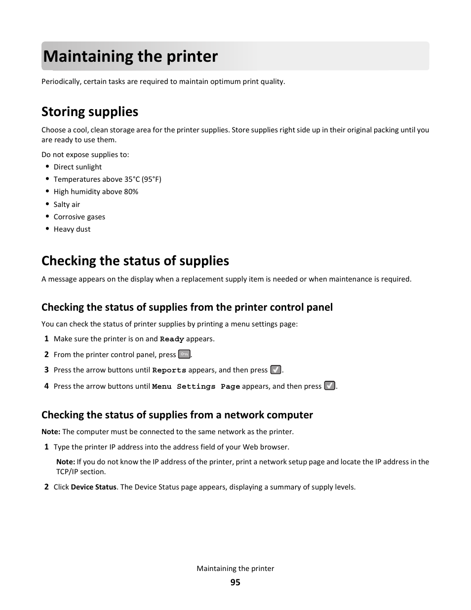 Maintaining the printer, Storing supplies, Checking the status of supplies | Lexmark 5025 User Manual | Page 95 / 171