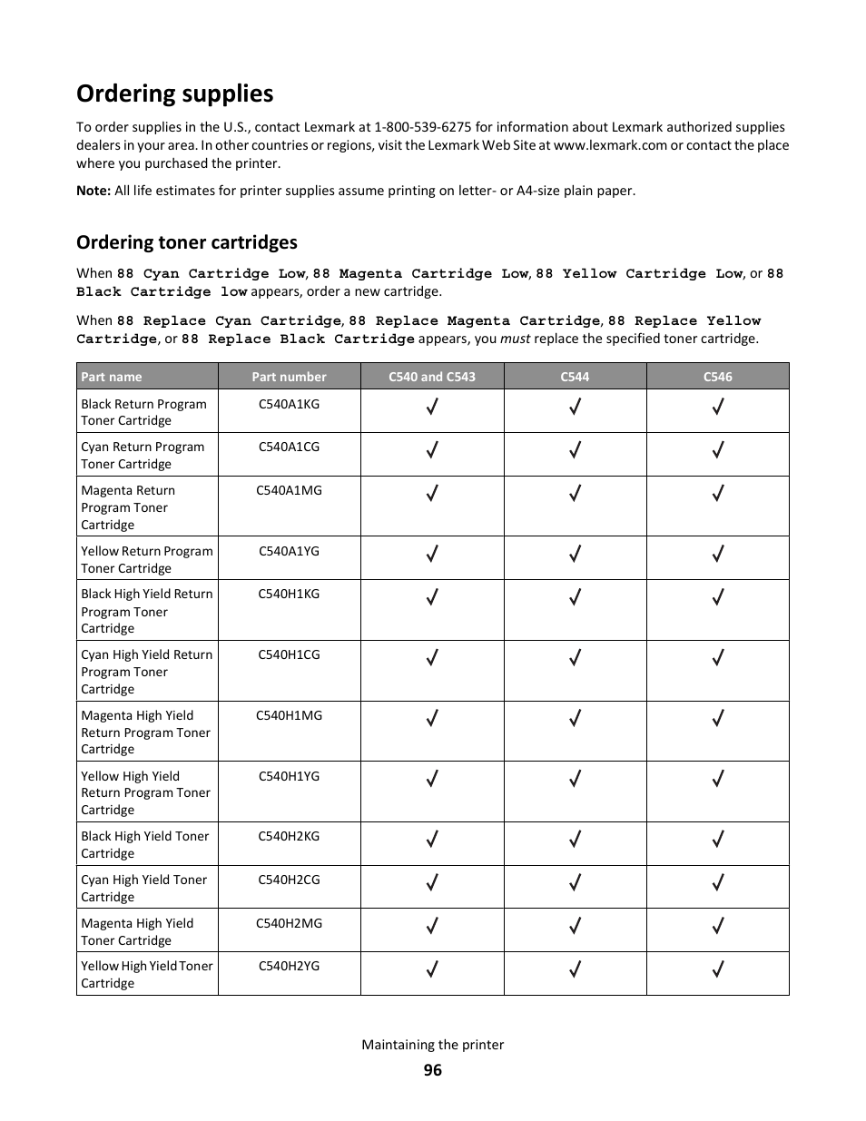 Ordering supplies, Ordering toner cartridges | Lexmark 5025 User Manual | Page 96 / 171