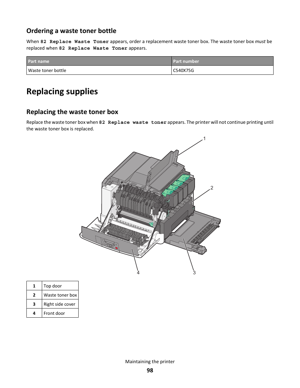 Ordering a waste toner bottle, Replacing supplies, Replacing the waste toner box | Lexmark 5025 User Manual | Page 98 / 171