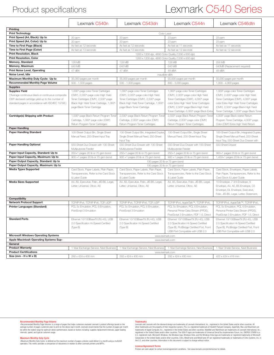 Lexmark c540 series, Product specifications | Lexmark C 540n User Manual | Page 4 / 6