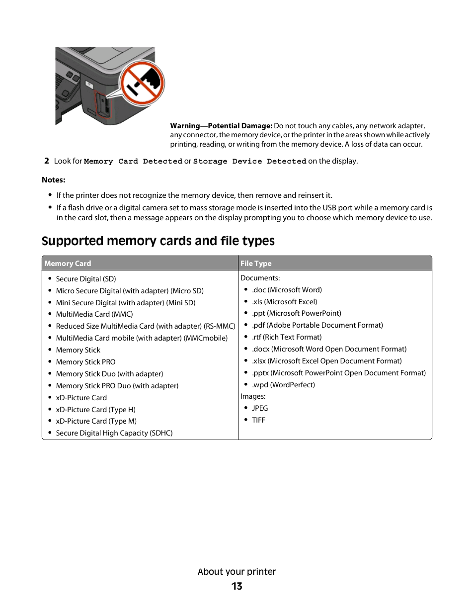 Supported memory cards and file types | Lexmark Interpret S400 User Manual | Page 13 / 40