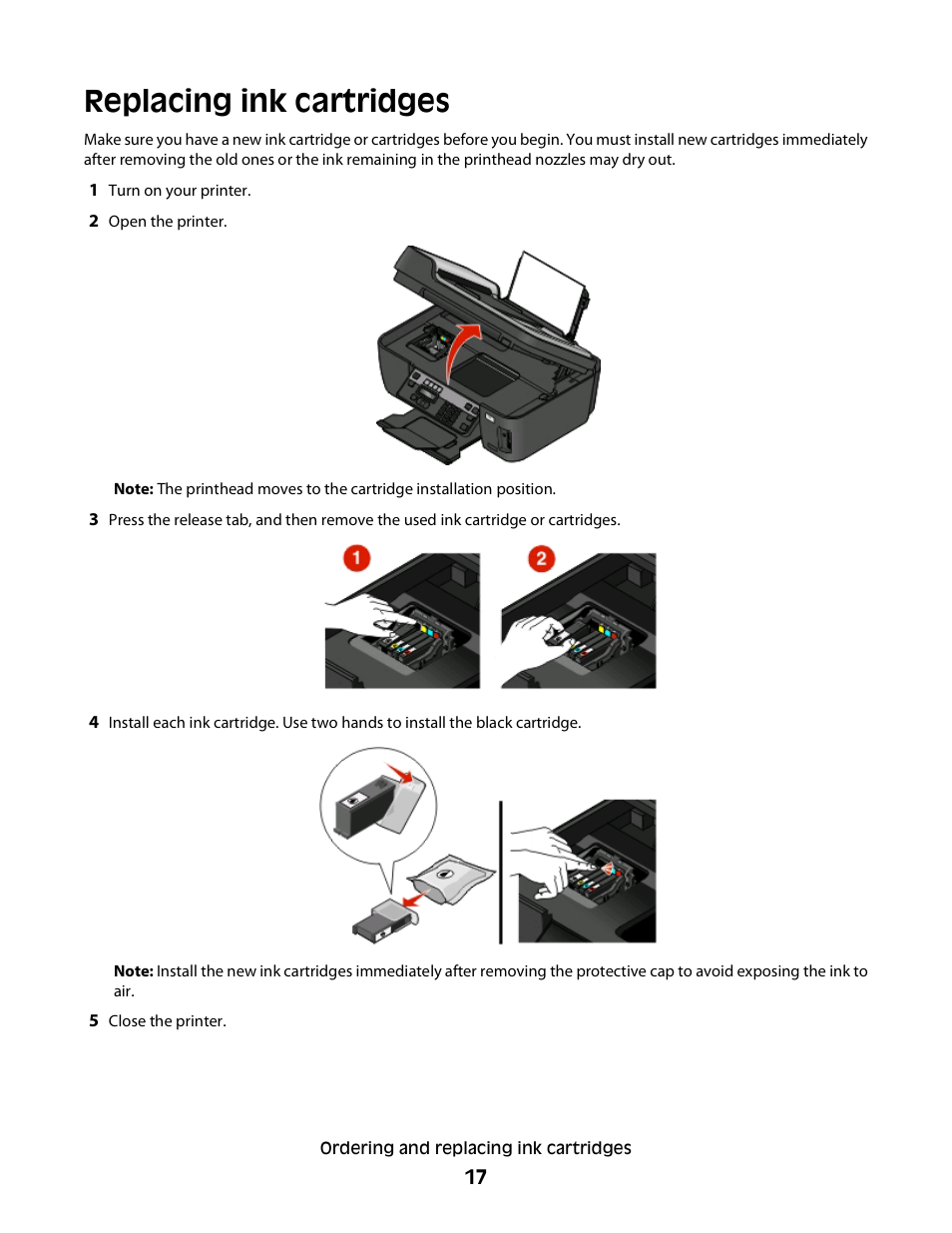 Replacing ink cartridges | Lexmark Interpret S400 User Manual | Page 17 / 40