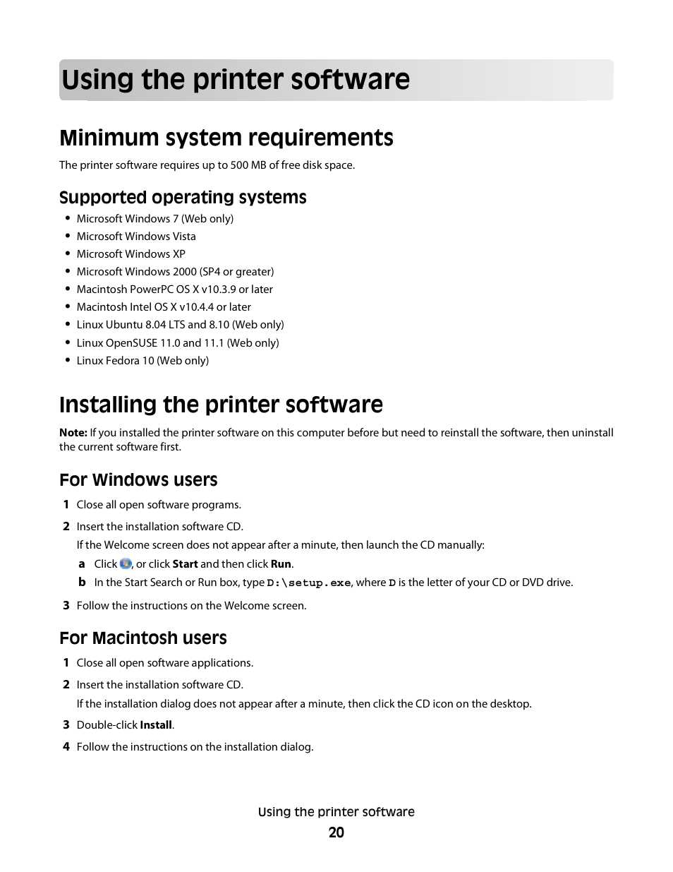 Using the printer software, Minimum system requirements, Installing the printer software | Supported operating systems, For windows users, For macintosh users | Lexmark Interpret S400 User Manual | Page 20 / 40
