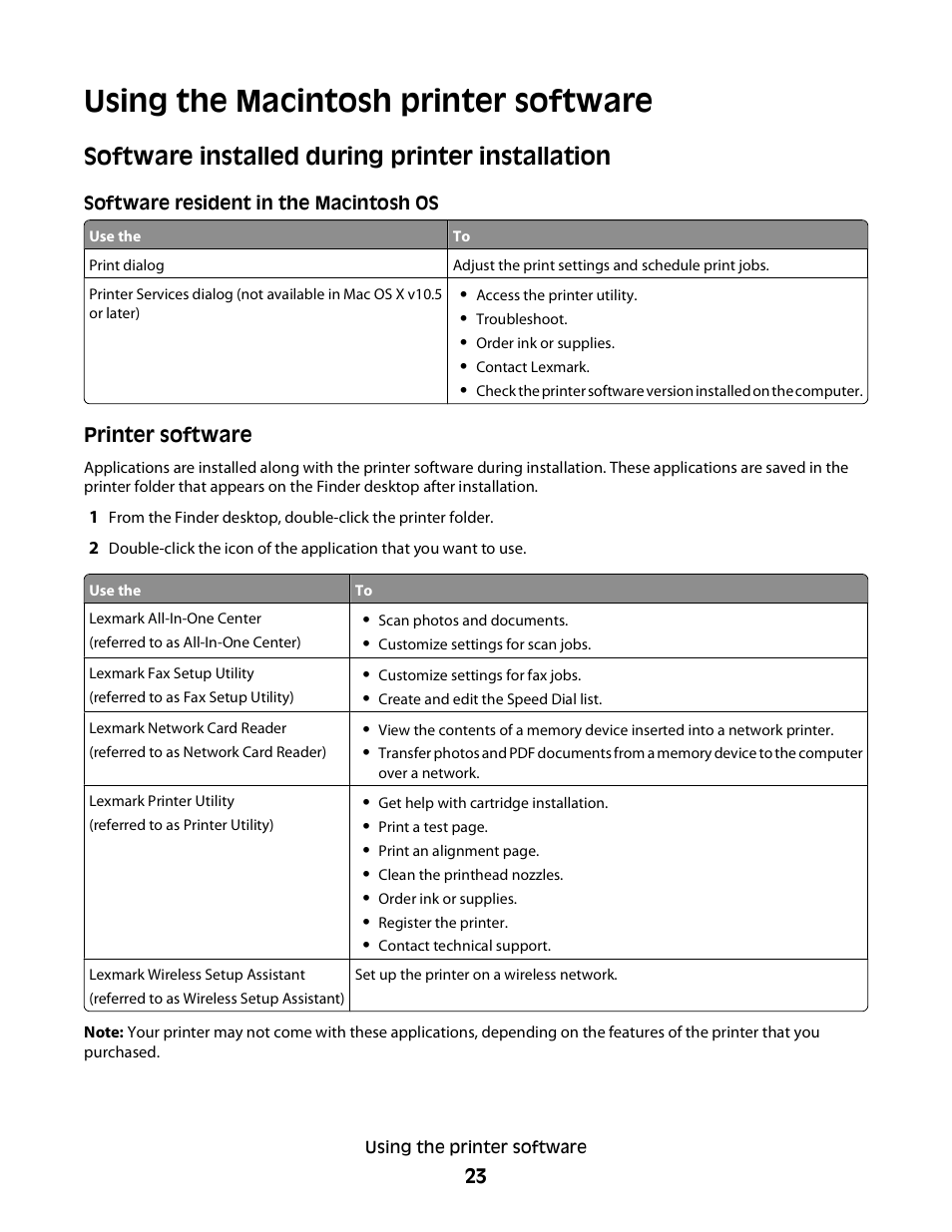 Using the macintosh printer software, Software installed during printer installation | Lexmark Interpret S400 User Manual | Page 23 / 40